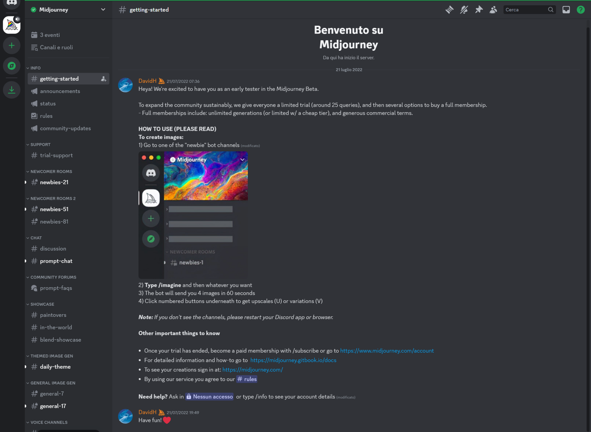 Interfaccia utente della piattaforma Midjourney su Discord.