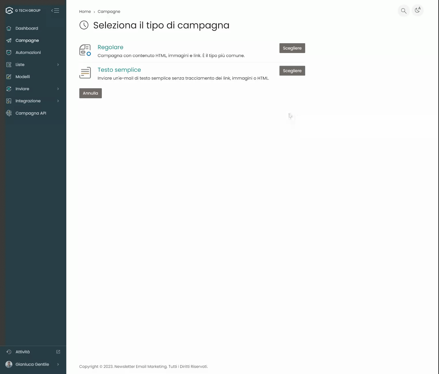 Schermata selezione tipo di campagna email marketing.