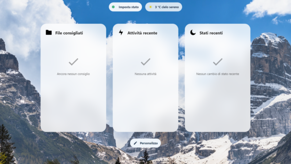 Interfaccia utente di computer, schermata iniziale con montagne.
