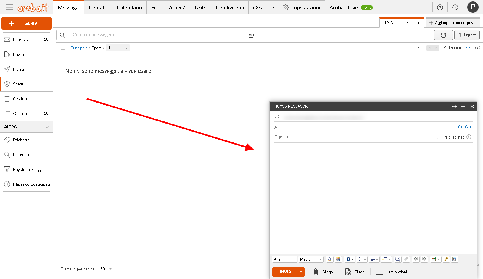 Interfaccia webmail Aruba con finestra nuovo messaggio.