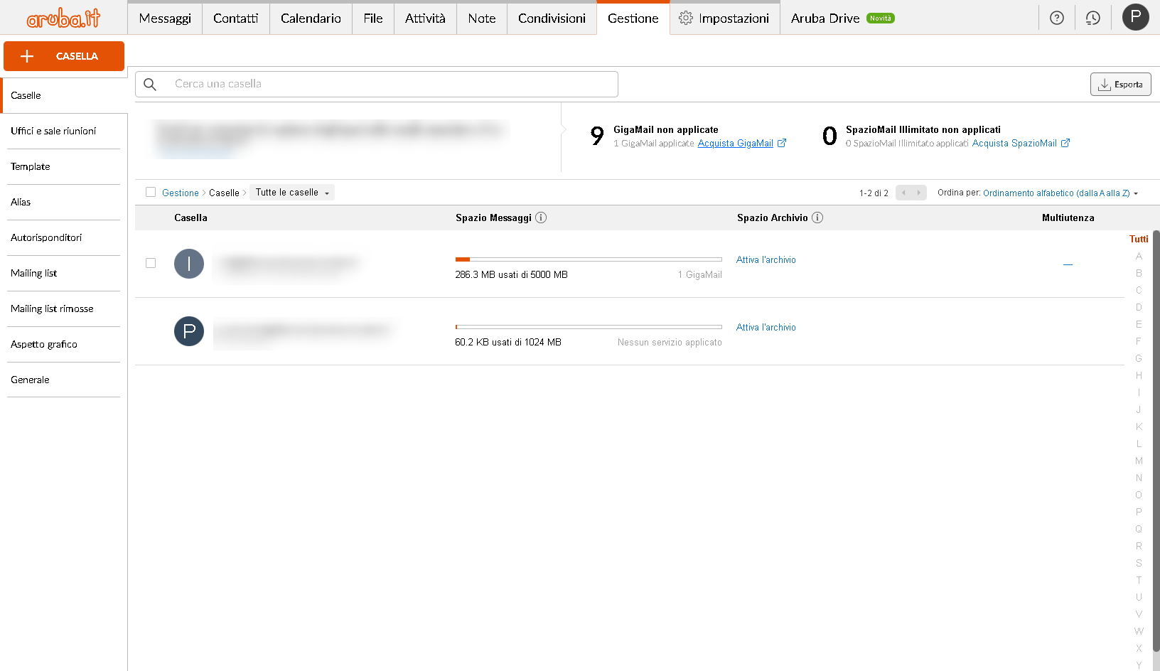 Interfaccia gestione caselle email Aruba.