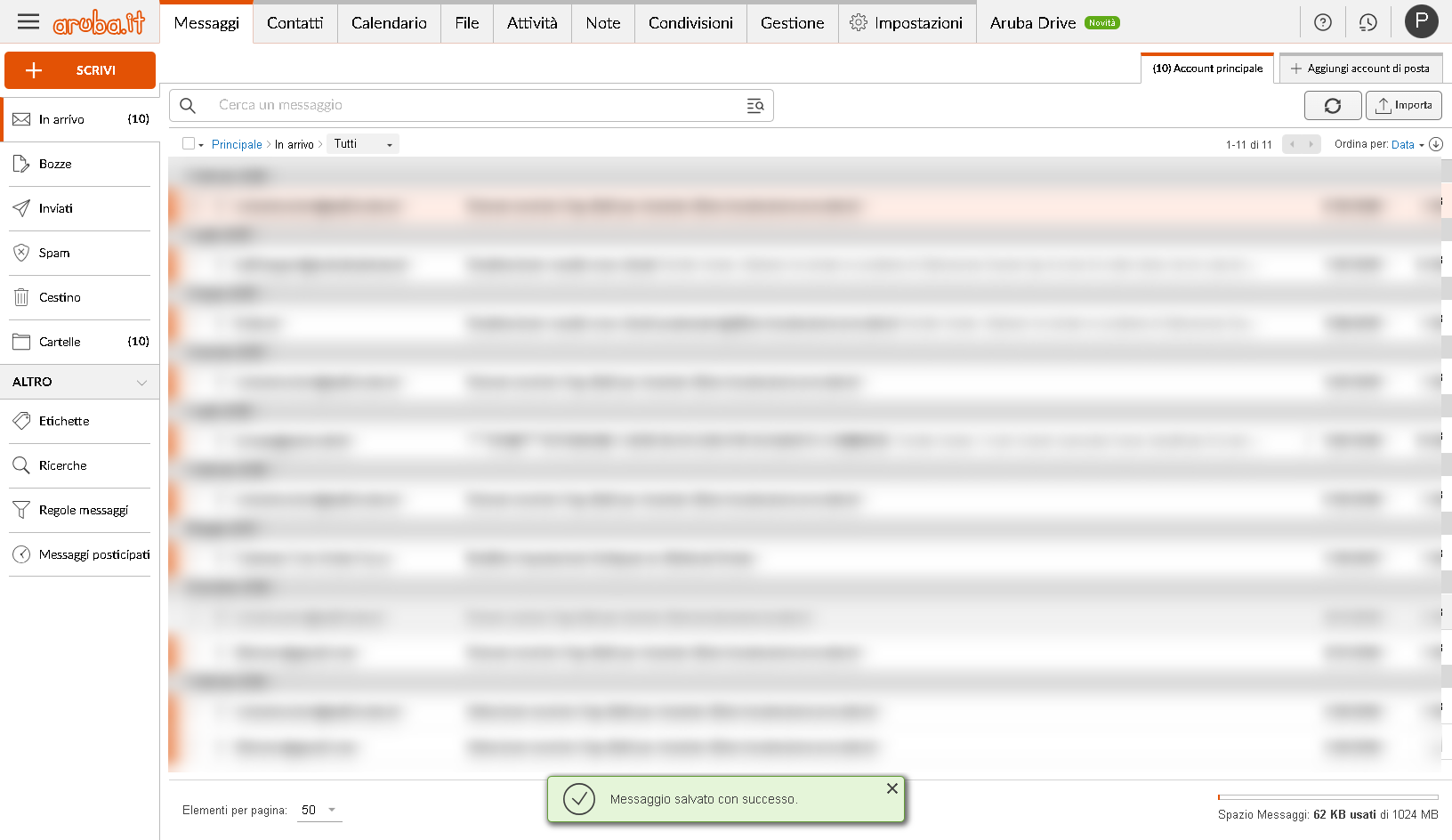 Interfaccia casella email Aruba con notifica.