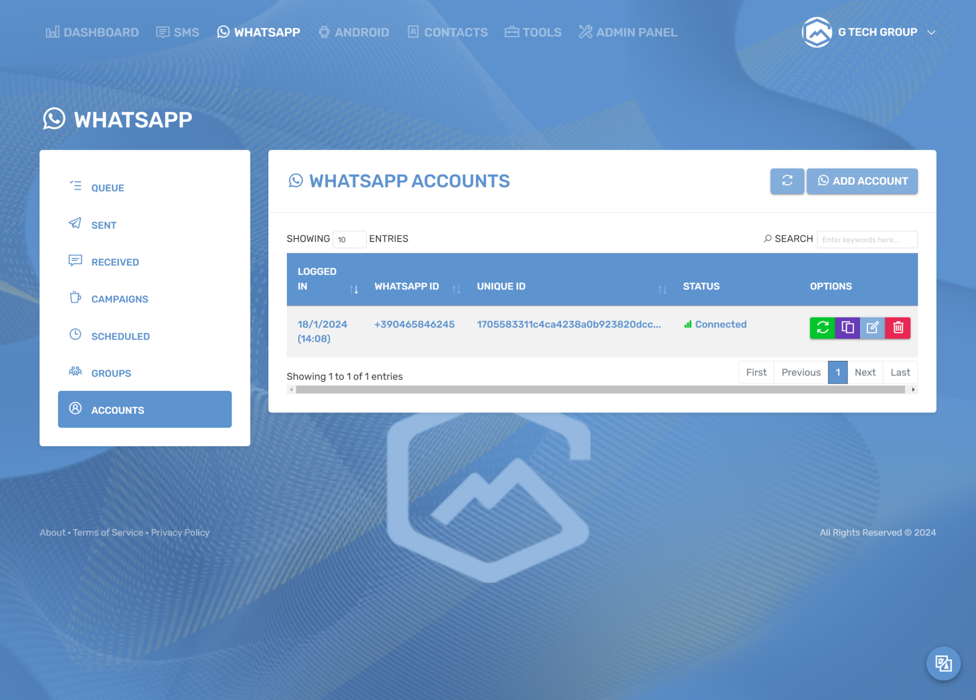 Interfaccia gestione account WhatsApp aziendali.