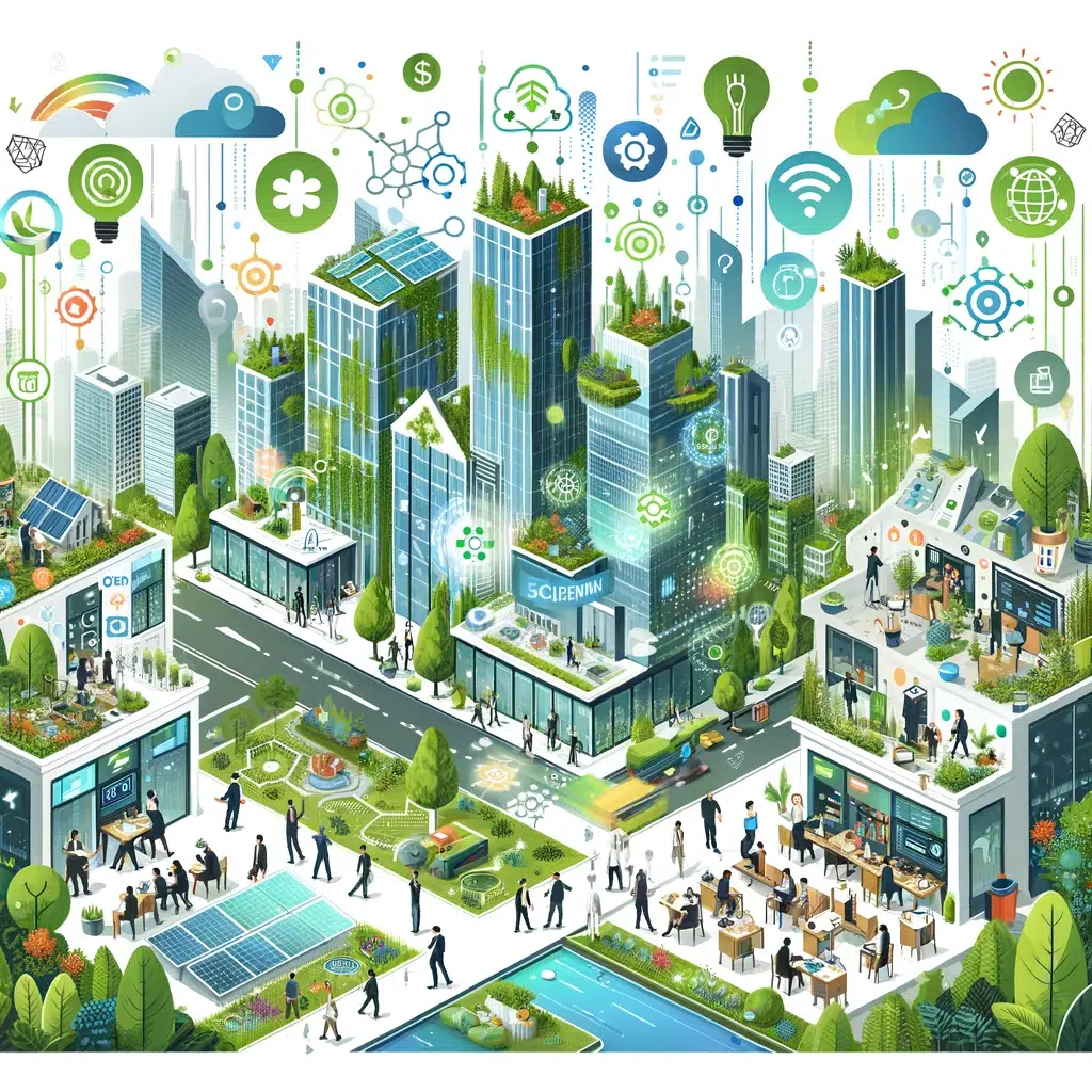 Illustrazione di una città futuristica e sostenibile.