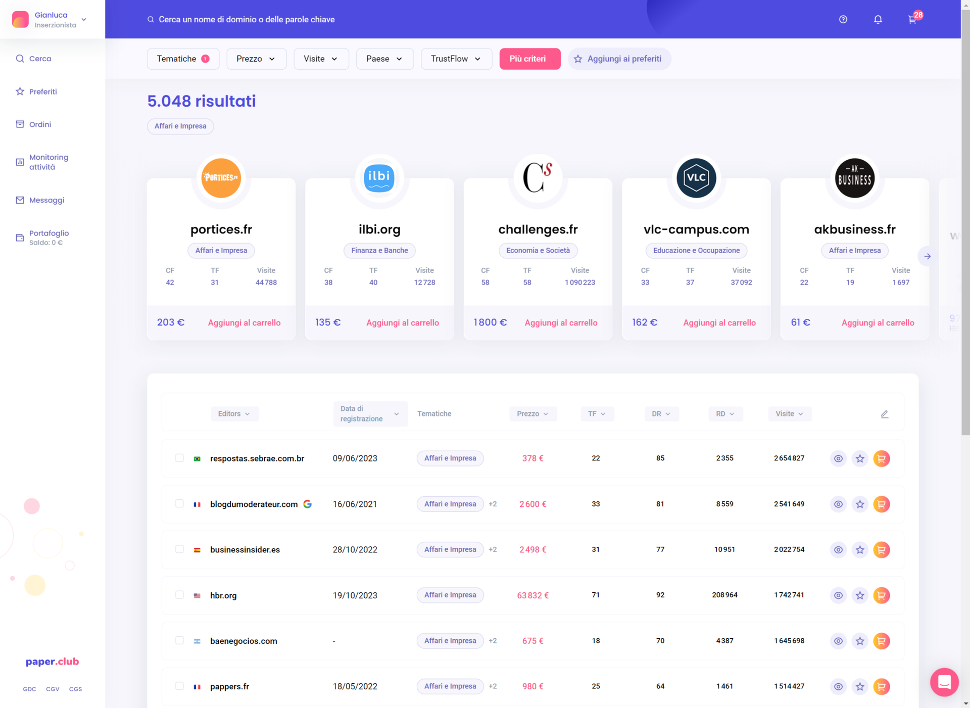 Interfaccia di ricerca dominio web con risultati.