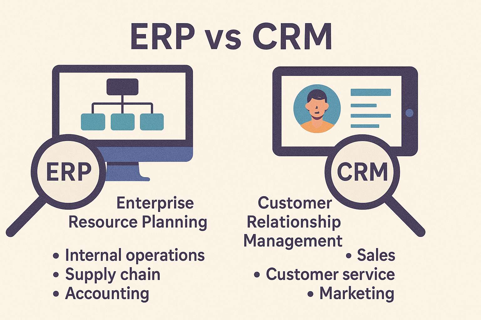 Confronto ERP e CRM, differenze e funzionalità principali.