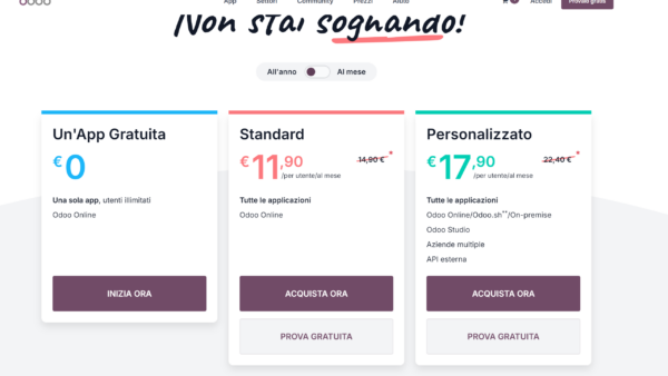 Piani tariffari Odoo: gratuti, standard, personalizzati.