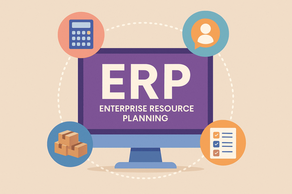 Grafica ERP con icone strumenti aziendali.