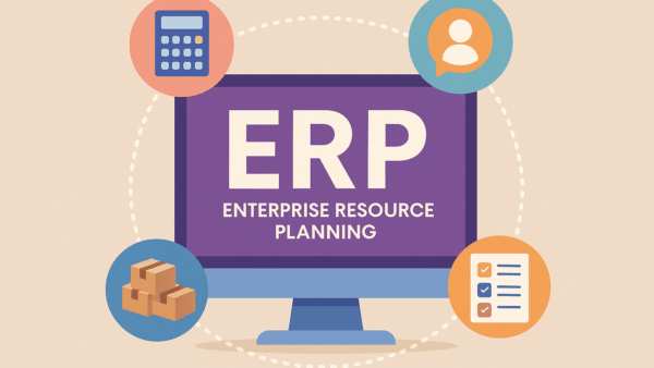 Grafica ERP con icone strumenti aziendali.