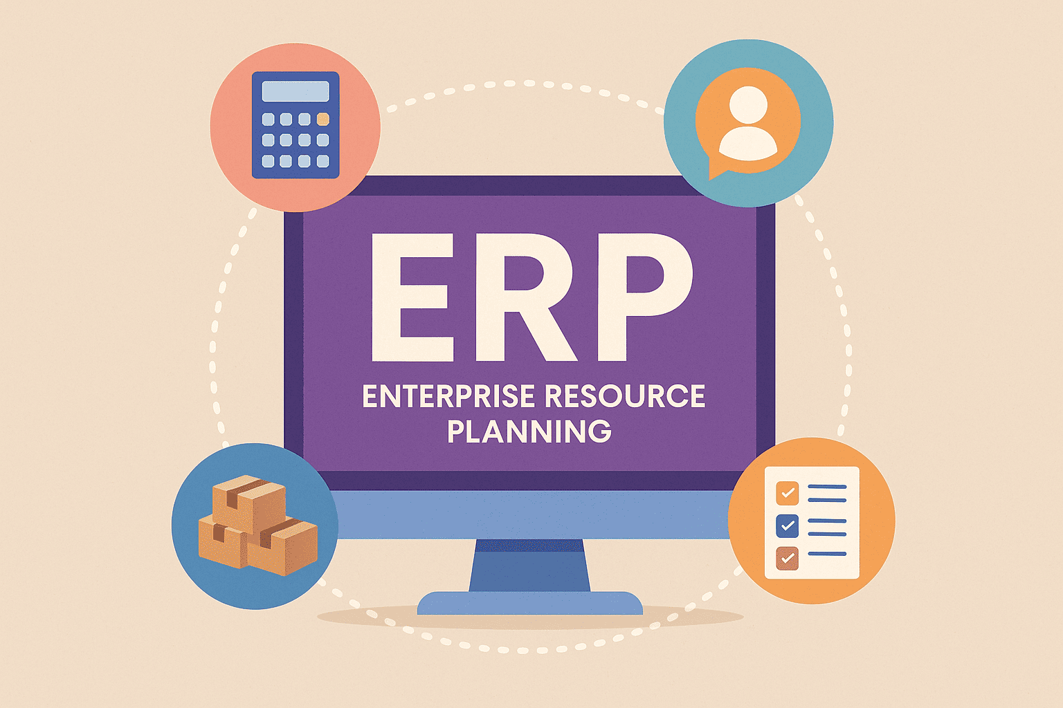 Grafica ERP con icone strumenti aziendali.