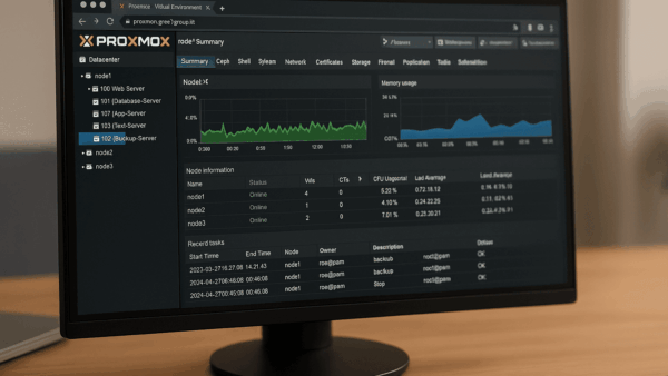 Schermo computer con grafici e dati server