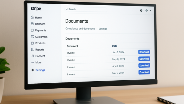 Schermo monitor con lista documenti scaricabili.