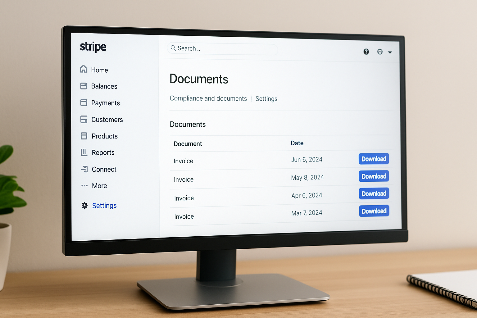 Schermo monitor con lista documenti scaricabili.