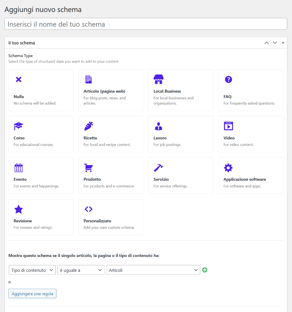 Interfaccia aggiungi schema per contenuti web