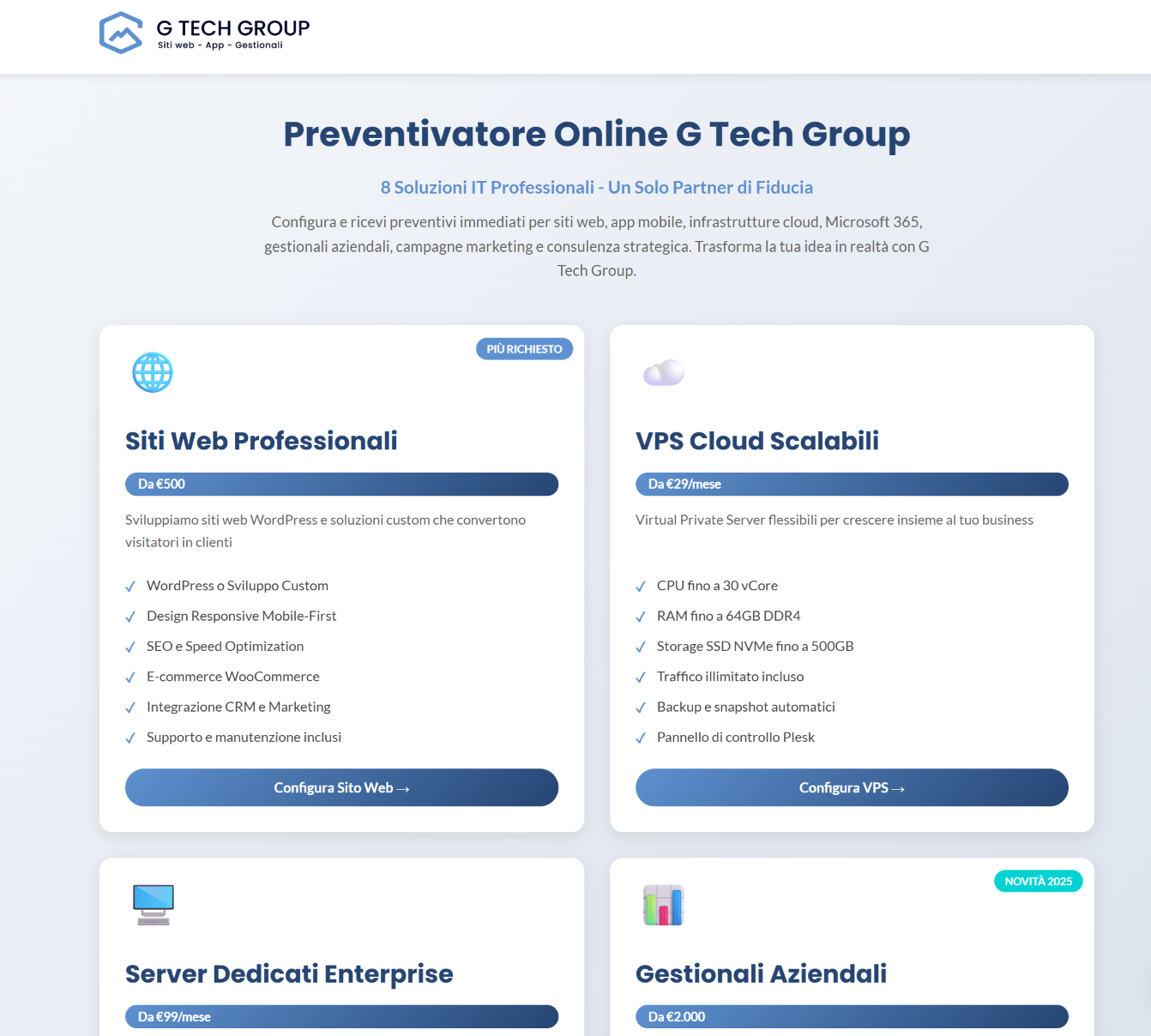 Preventivatore soluzioni IT online G Tech Group.
