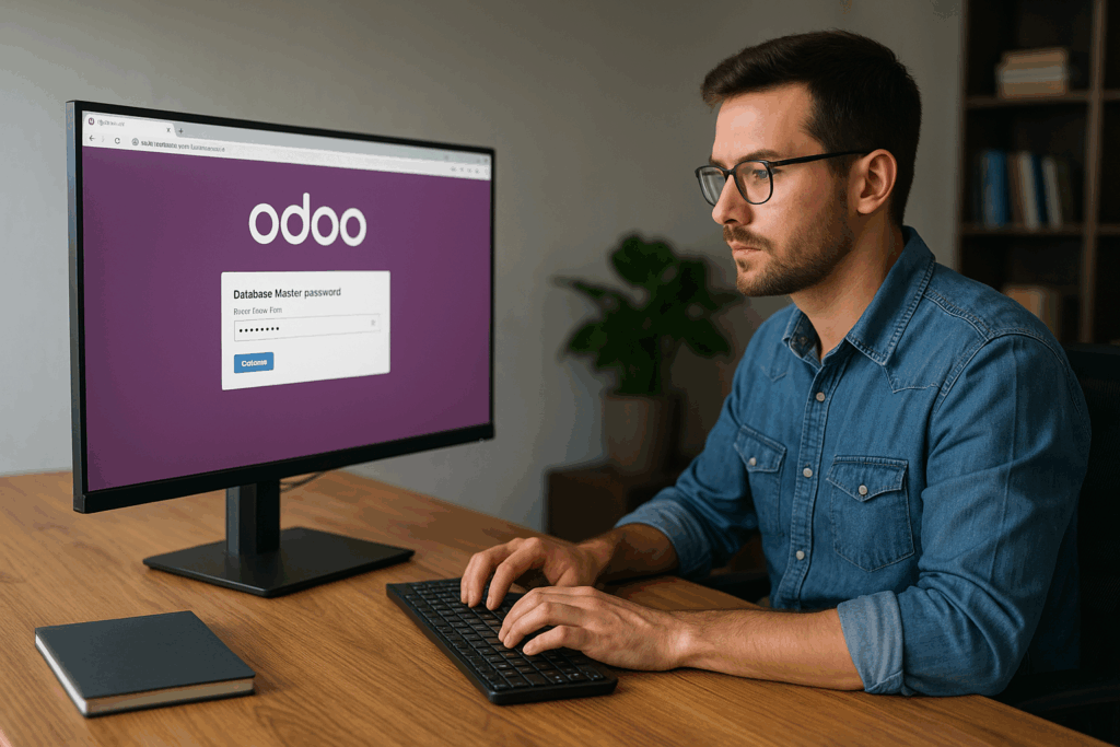 Uomo utilizza software Odoo su computer.