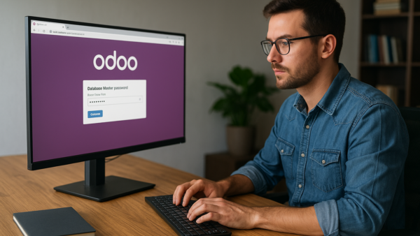 Uomo utilizza software Odoo su computer.