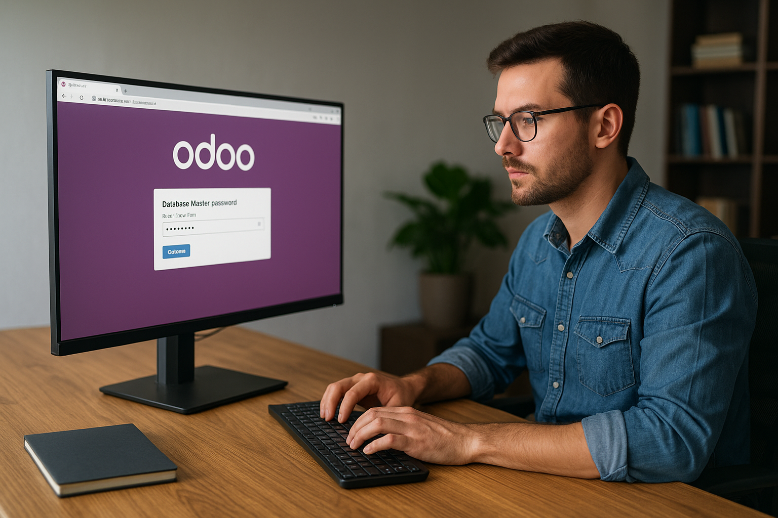 Uomo utilizza software Odoo su computer.