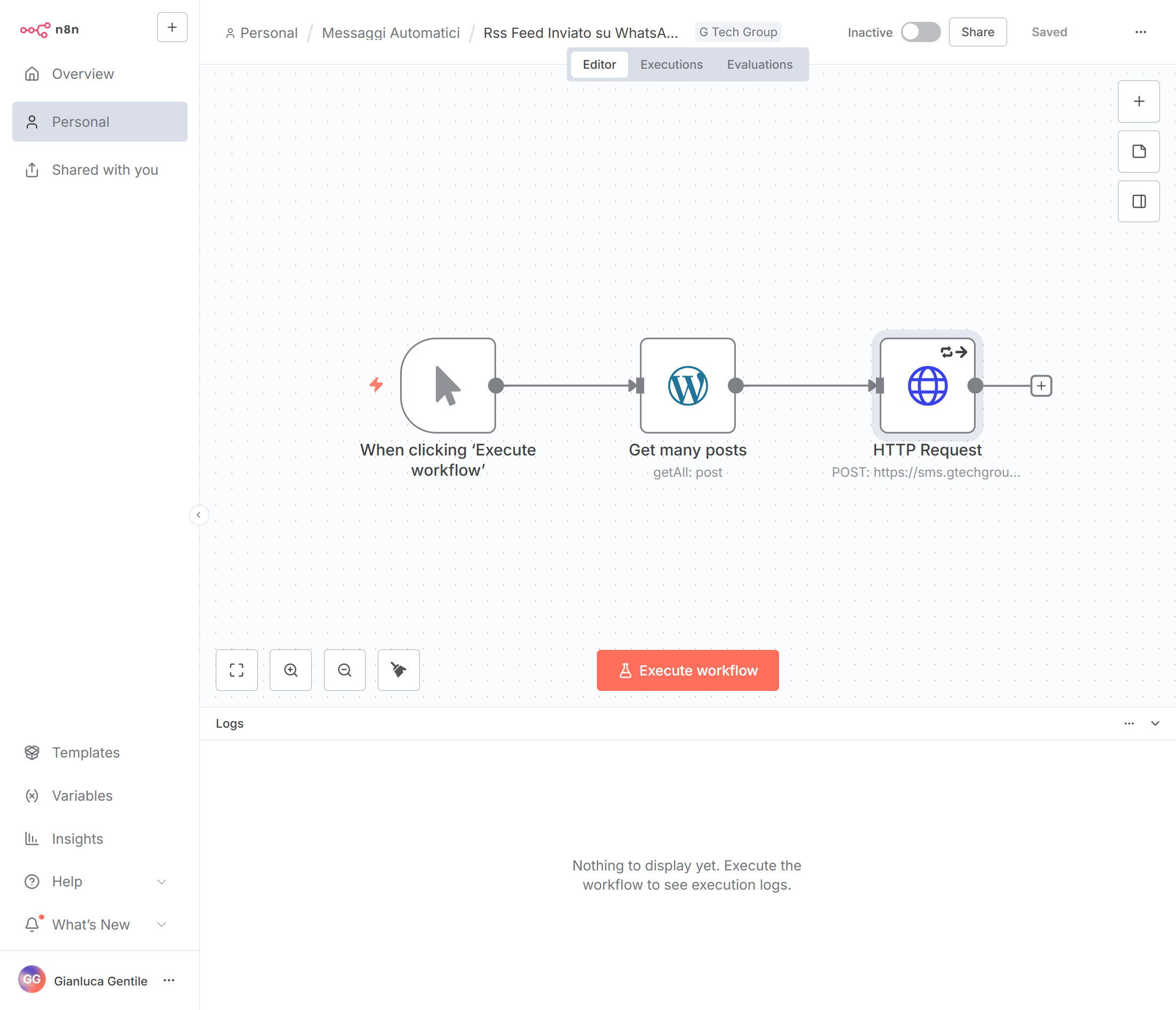 Flusso di lavoro automatico per inviare post su WhatsApp.