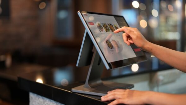 Cassiere utilizza sistema POS touchscreen in un ristorante