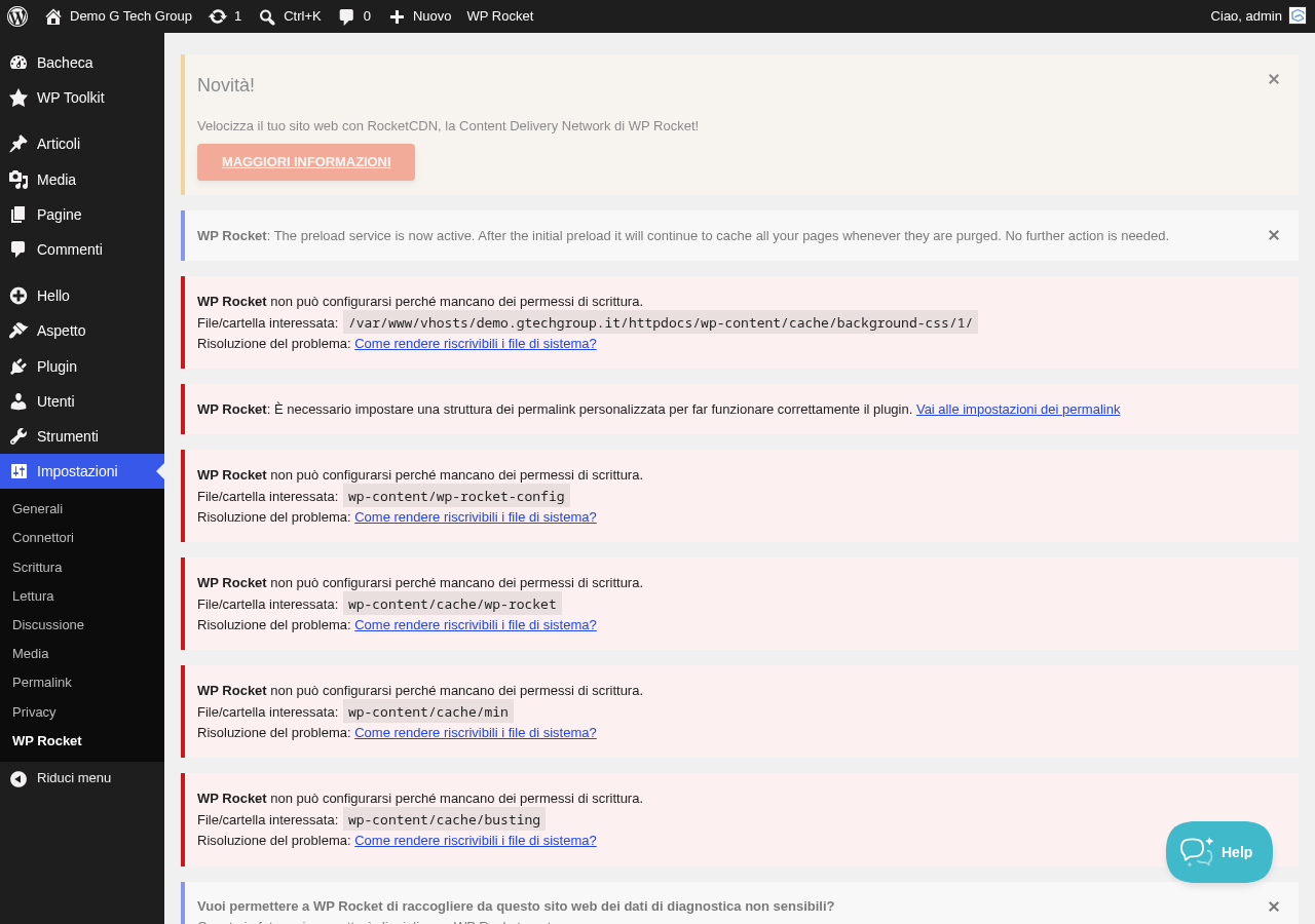 Dashboard WP Rocket che mostra lo stato della ottimizzazione dei file e le opzioni disponibili
