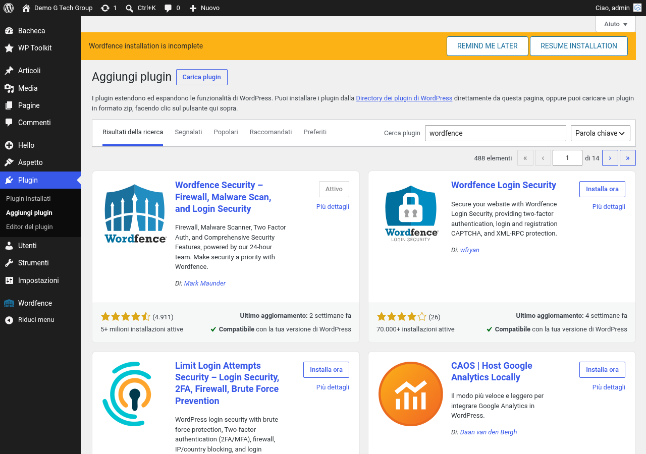 Ricerca del plugin Wordfence Security nella directory di WordPress