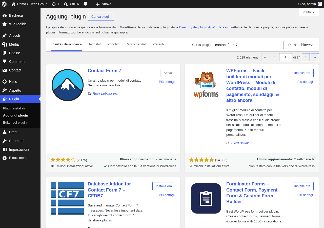 Ricerca del plugin Contact Form 7 nella bacheca WordPress - schermata di ricerca plugin