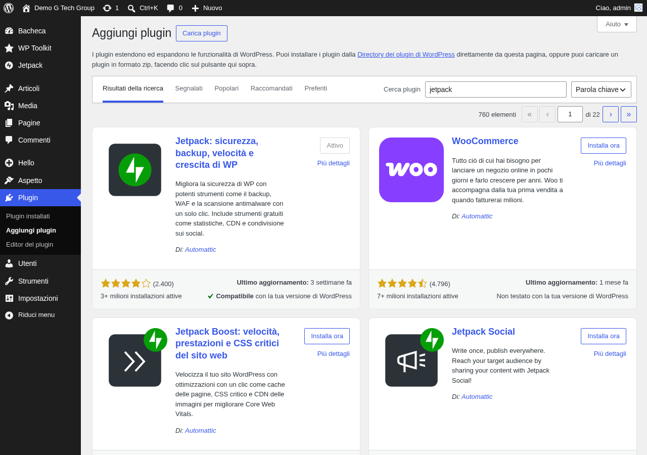 Ricerca plugin Jetpack nella directory WordPress