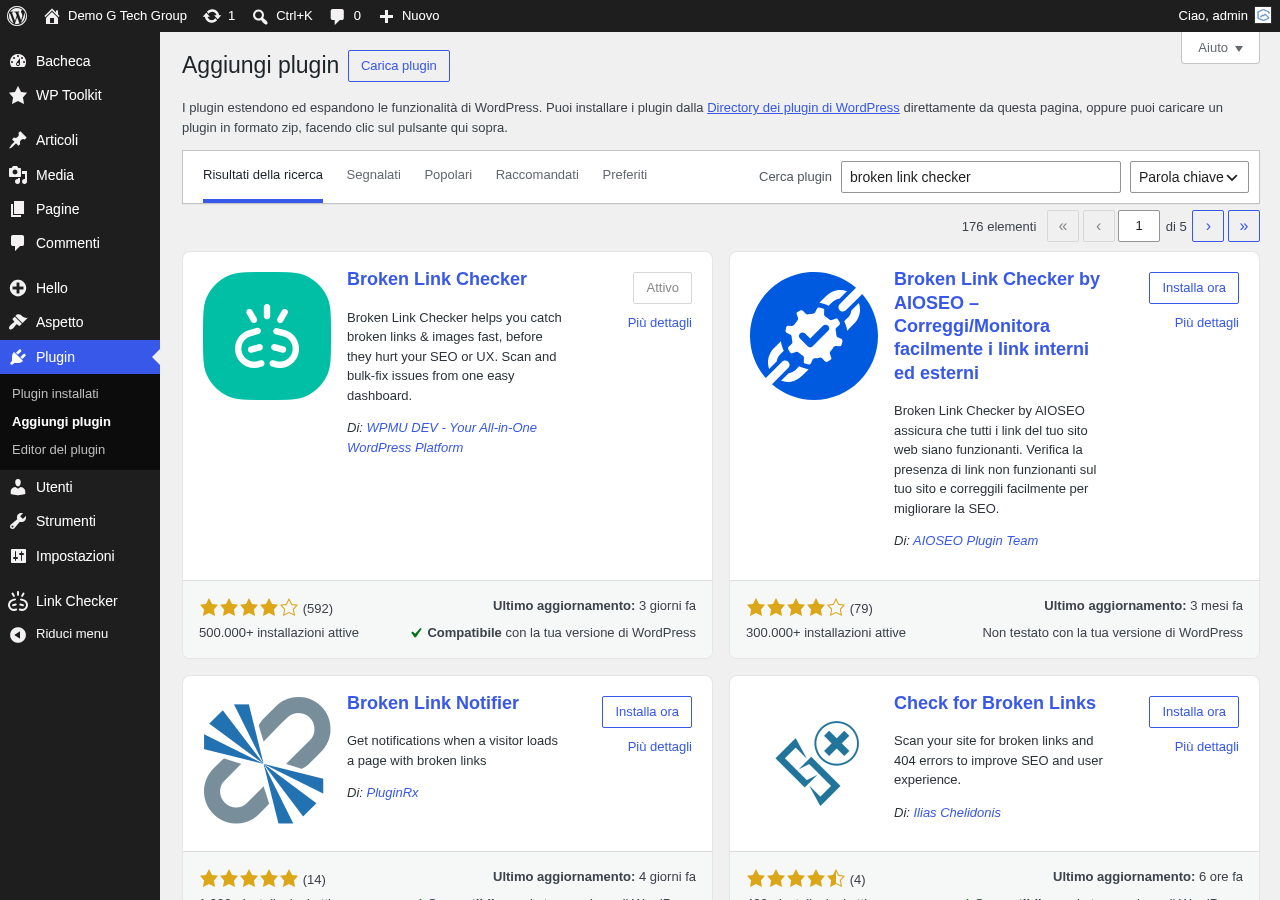 Ricerca del plugin Broken Link Checker nella directory WordPress
