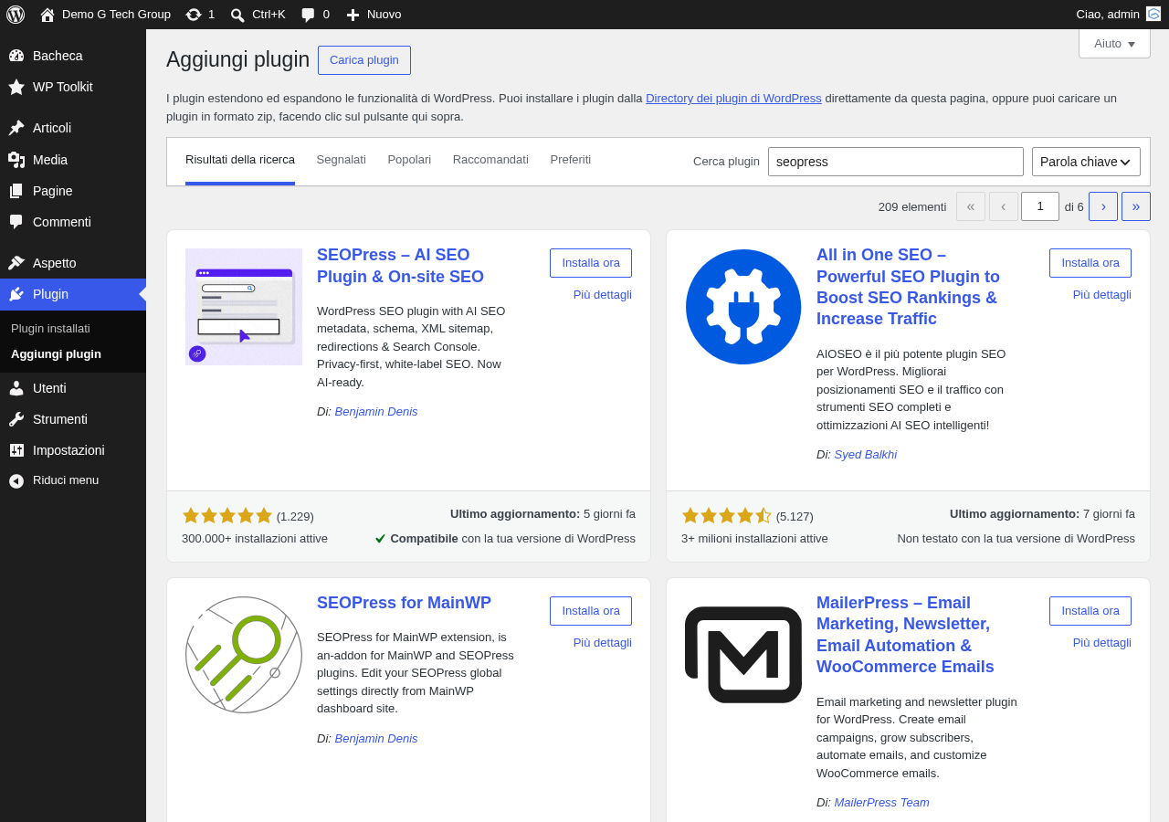 Ricerca del plugin SEOPress nella pagina Aggiungi nuovo plugin di WordPress
