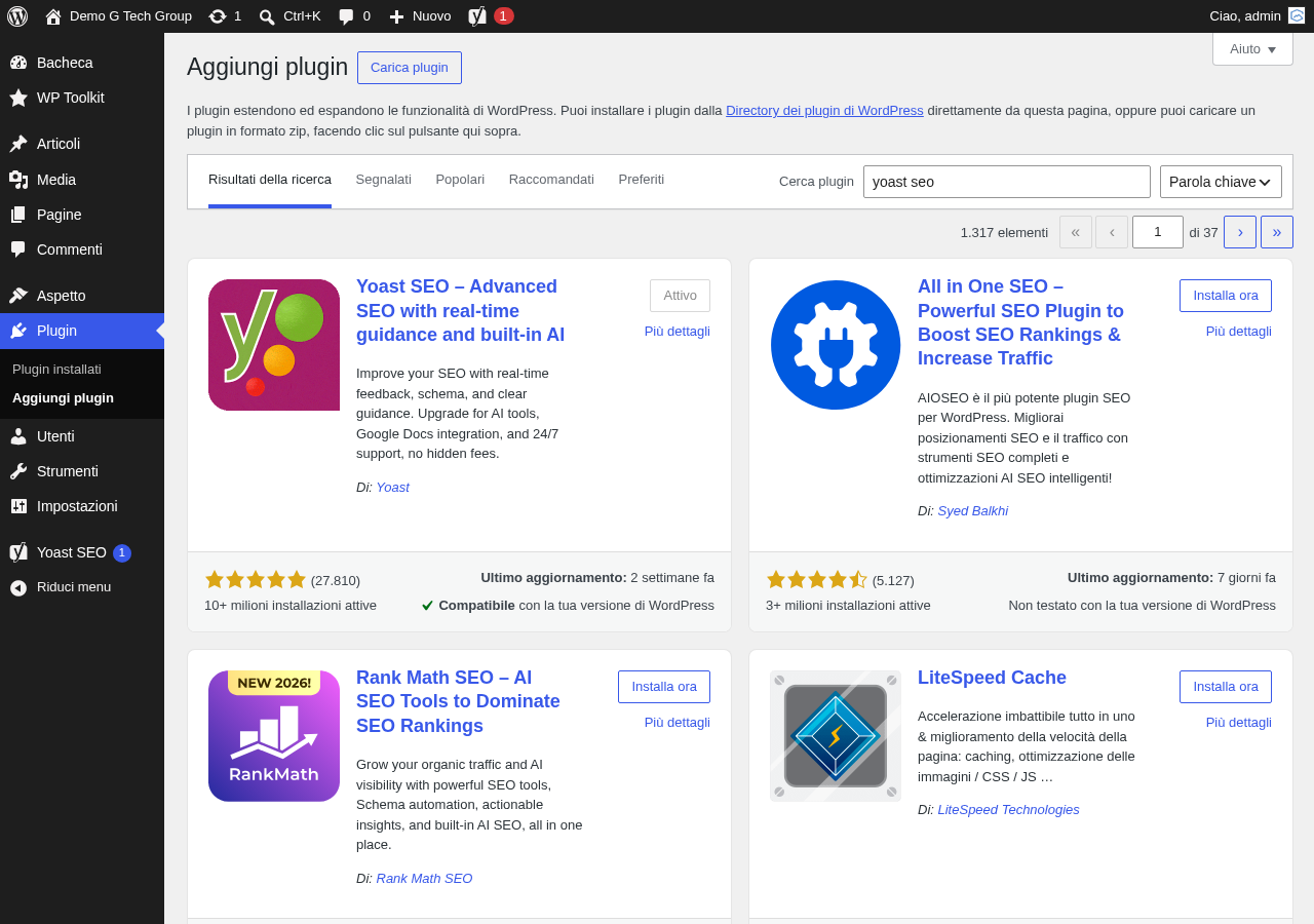 Ricerca del plugin Elementor nella libreria WordPress
