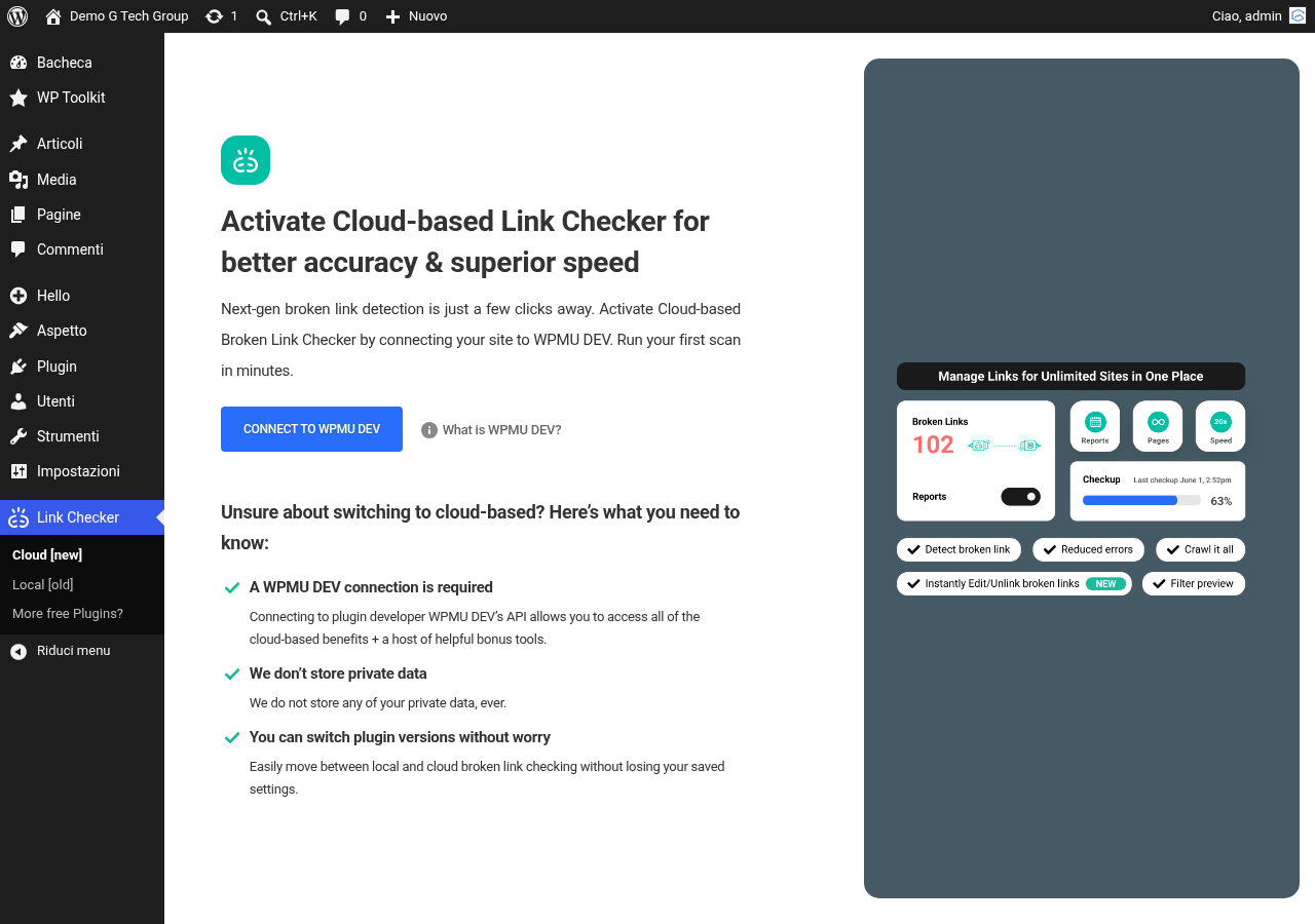 Dashboard di Broken Link Checker con statistiche sui link del sito