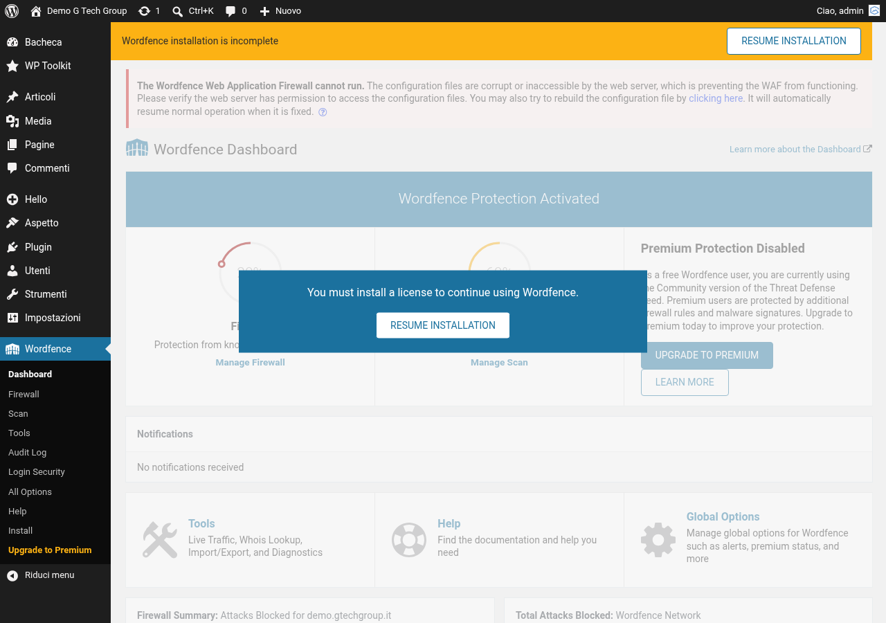 Dashboard di Wordfence con panoramica dello stato di sicurezza del sito WordPress