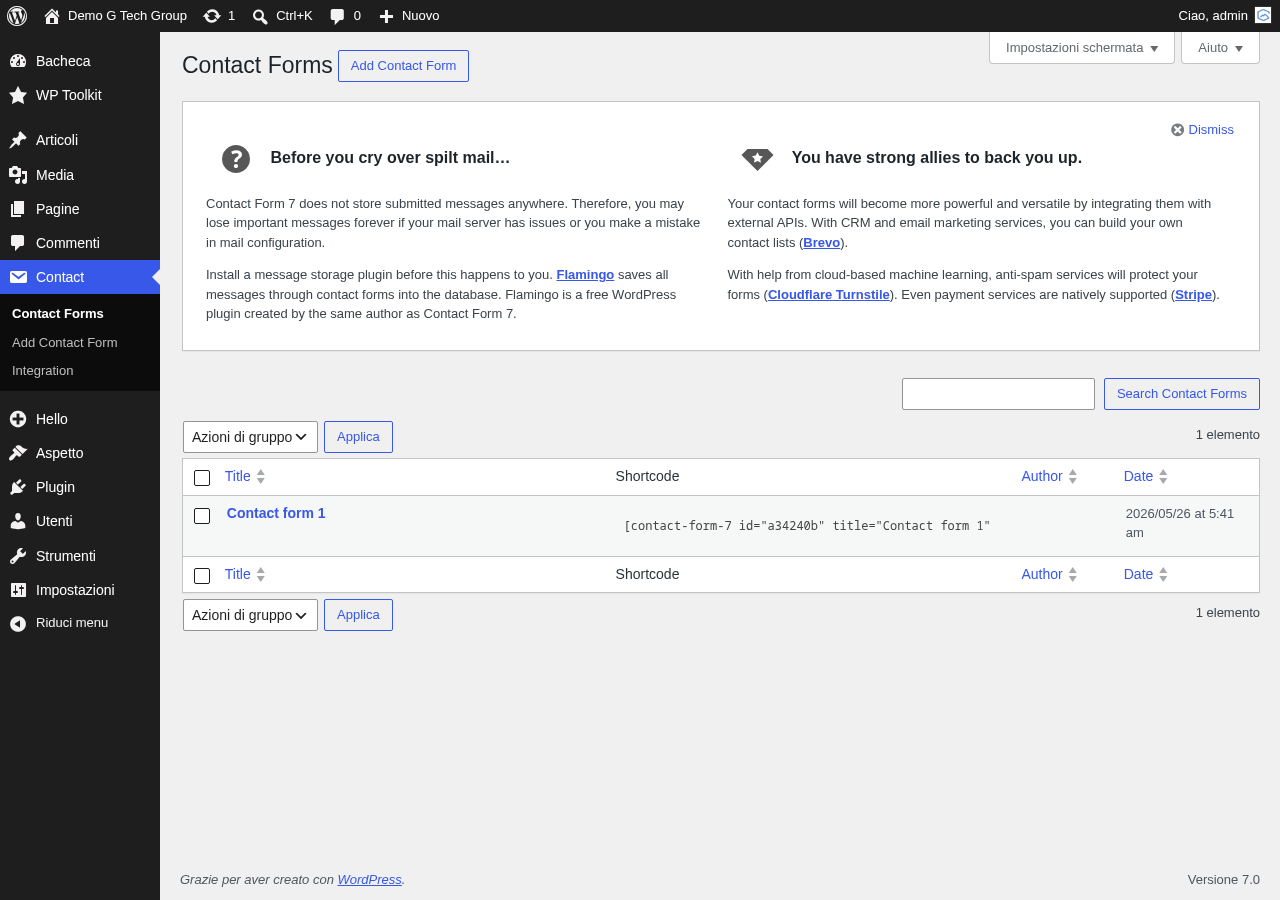 Lista dei moduli Contact Form 7 nella bacheca WordPress con il modulo predefinito