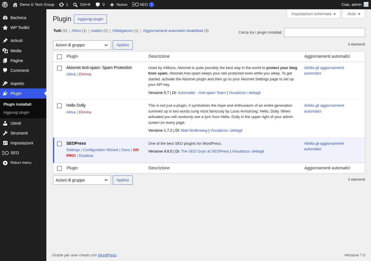 SEOPress installato e attivato nella pagina Plugin di WordPress