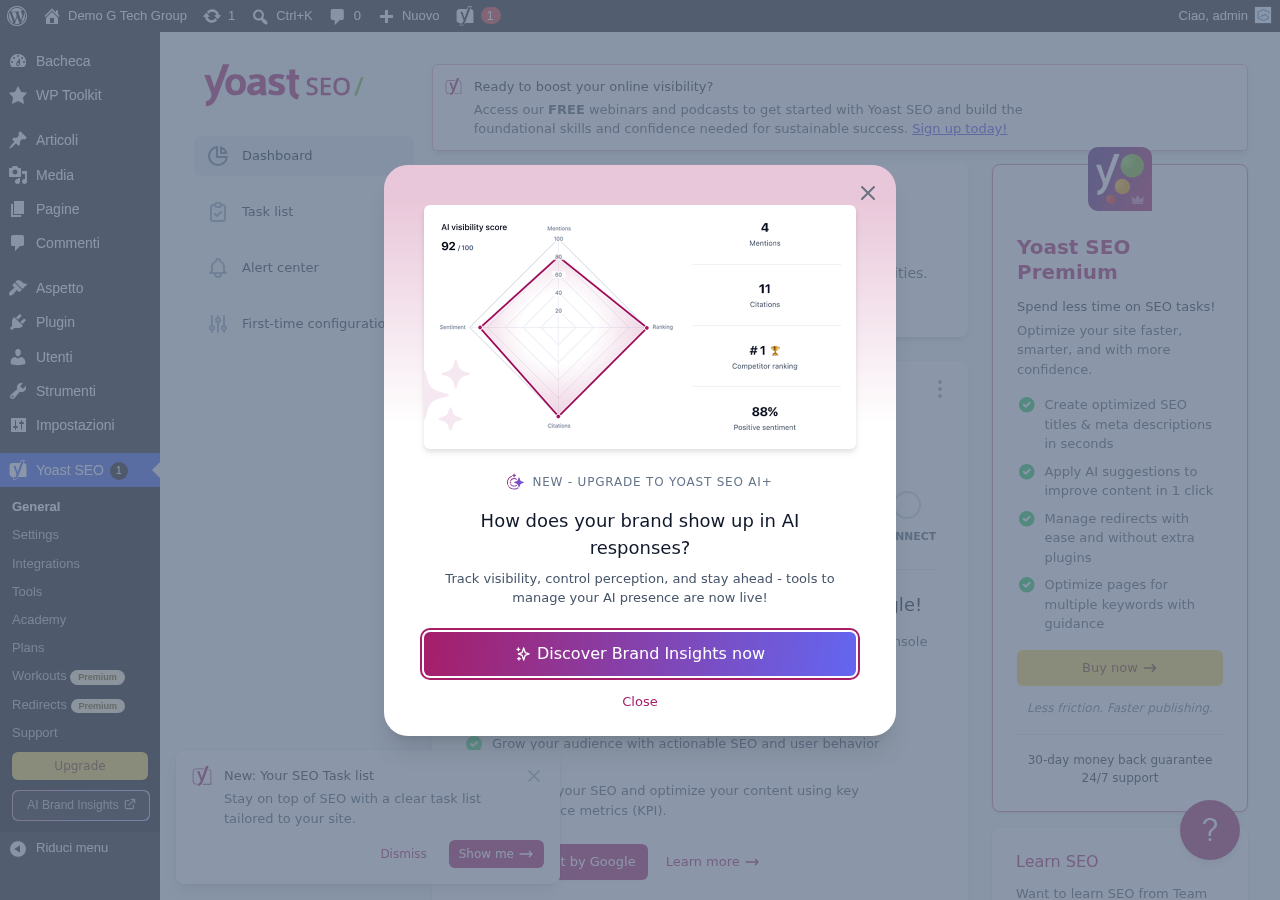 Dashboard principale di Yoast SEO con notifiche e panoramica SEO