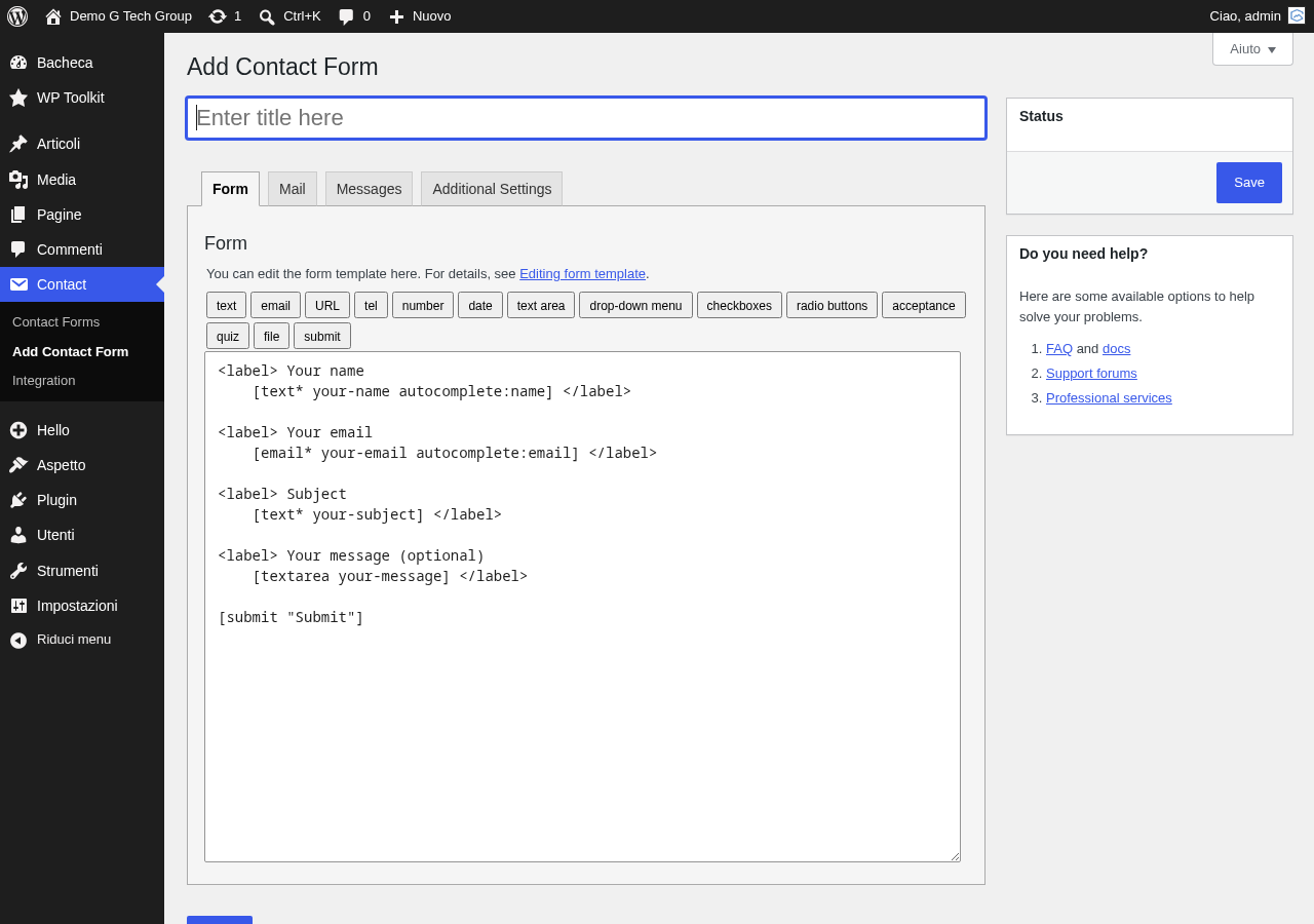 Schermata di creazione nuovo modulo Contact Form 7 con i pulsanti per i tag disponibili