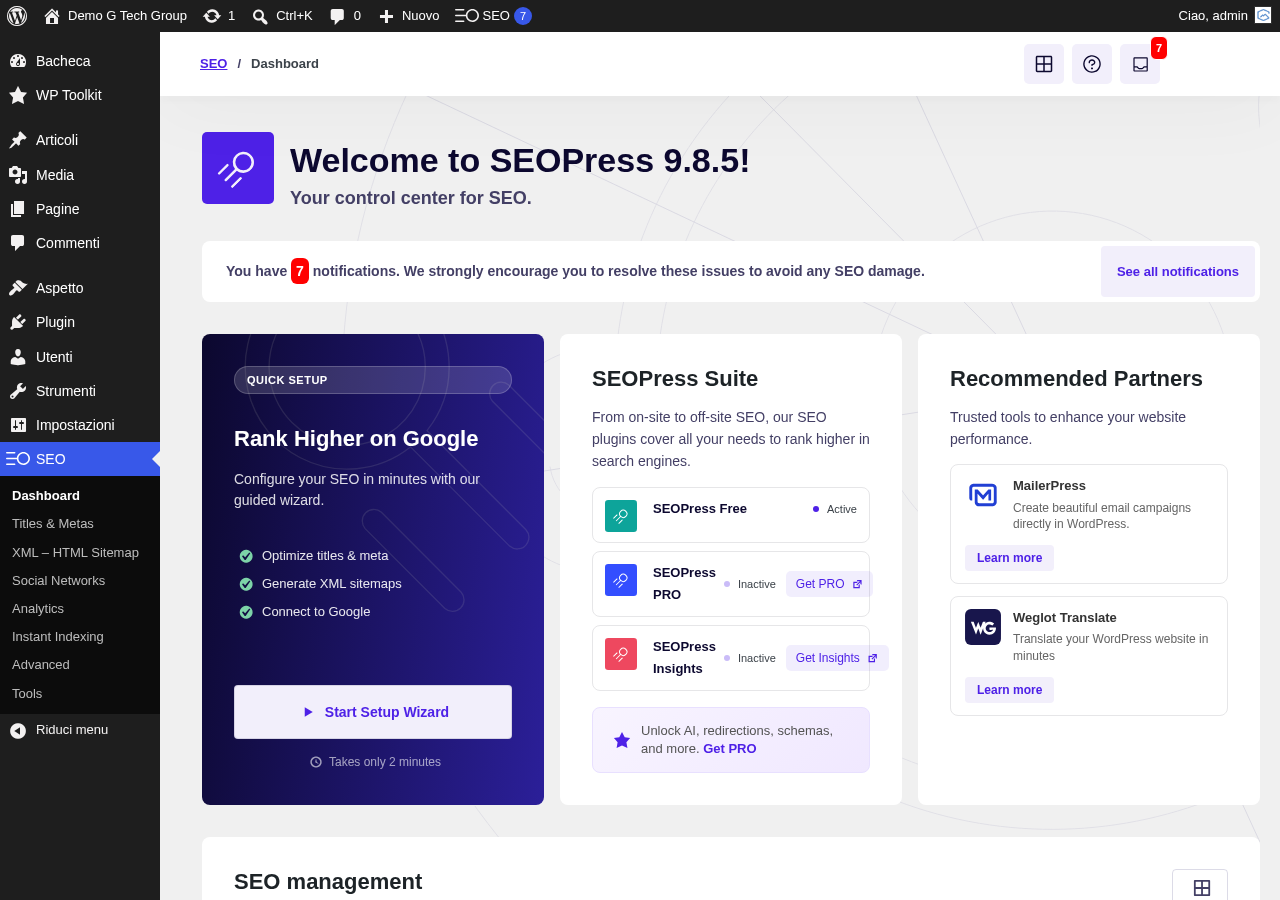Dashboard principale di SEOPress con le opzioni di configurazione rapida
