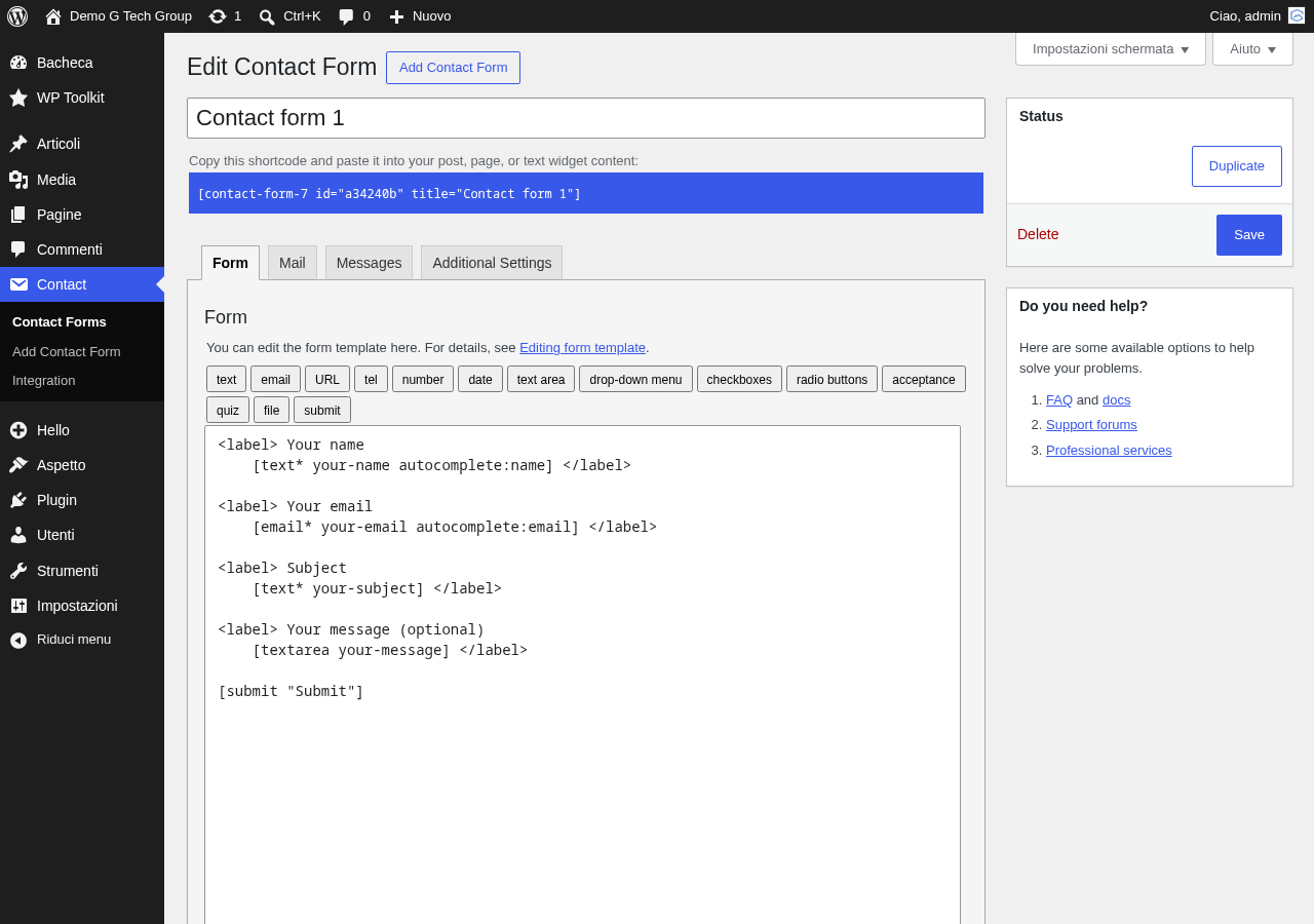 Scheda Email di Contact Form 7 con tutti i campi di configurazione per le notifiche