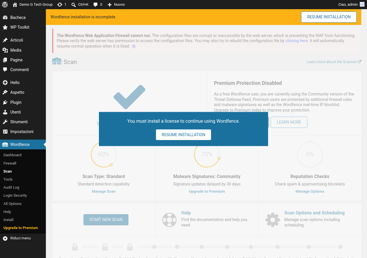 Scanner di Wordfence durante la analisi di un sito compromesso