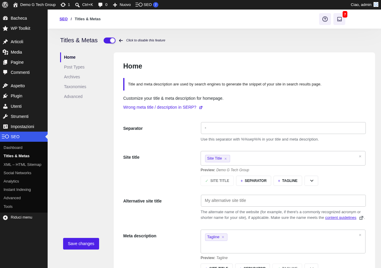 Configurazione Titles e Metas di SEOPress - Homepage settings