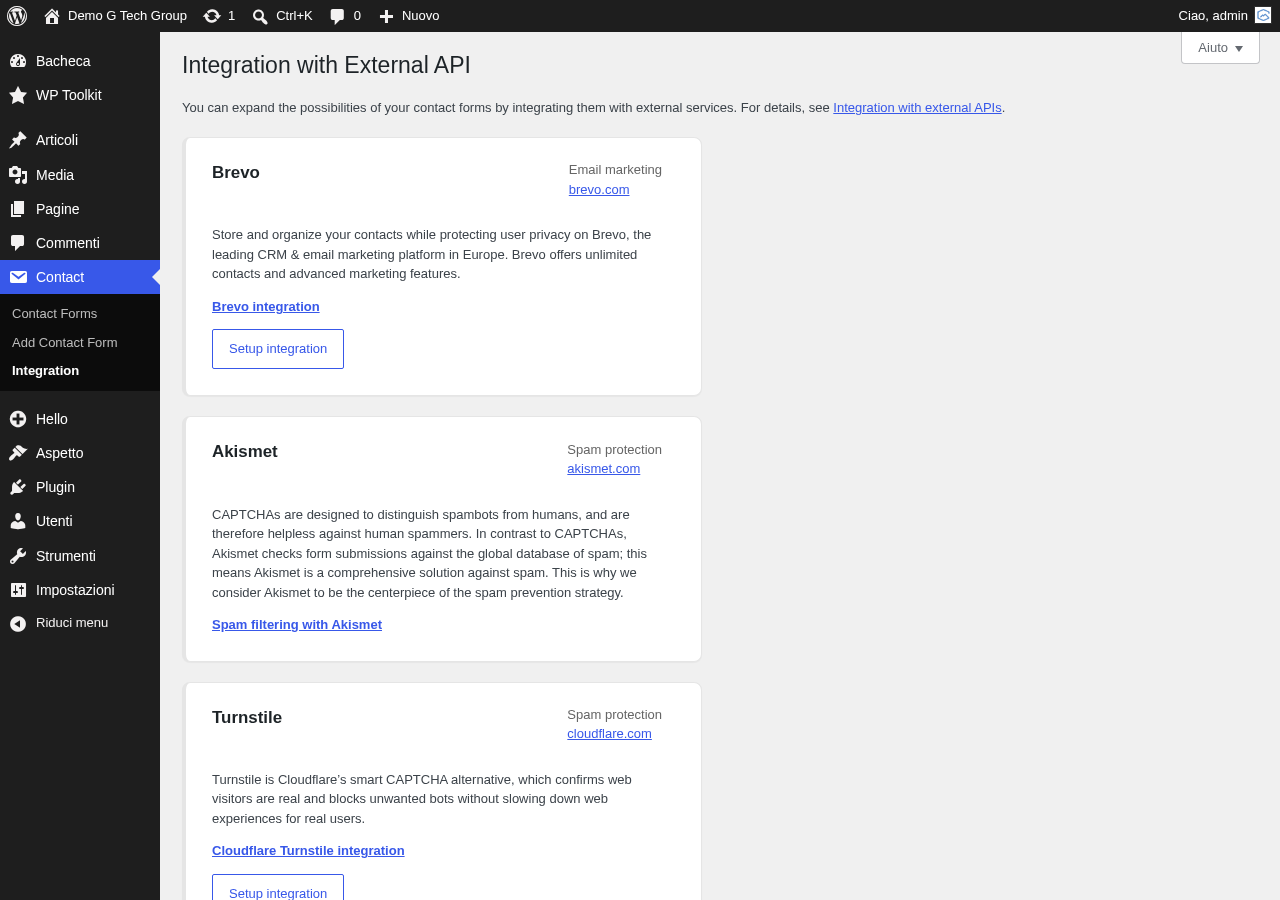 Pagina integrazioni Contact Form 7 con le opzioni per servizi esterni e SMTP