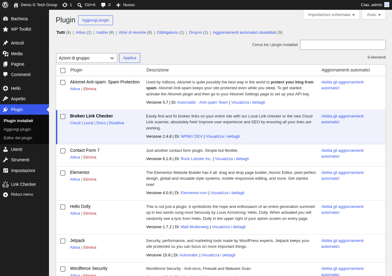 Broken Link Checker nella pagina dei plugin di WordPress con le opzioni di configurazione rapida