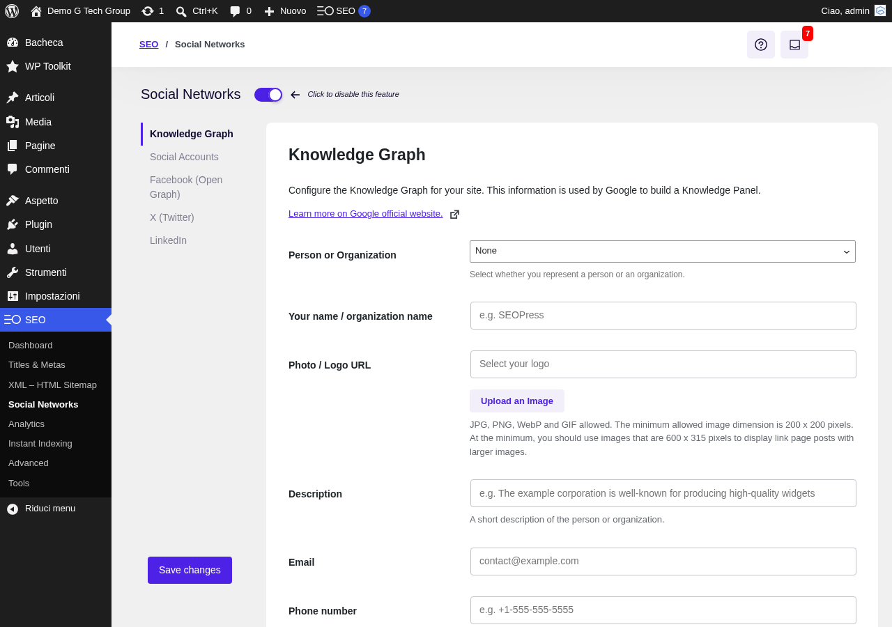 Configurazione Social Networks e Knowledge Graph di SEOPress
