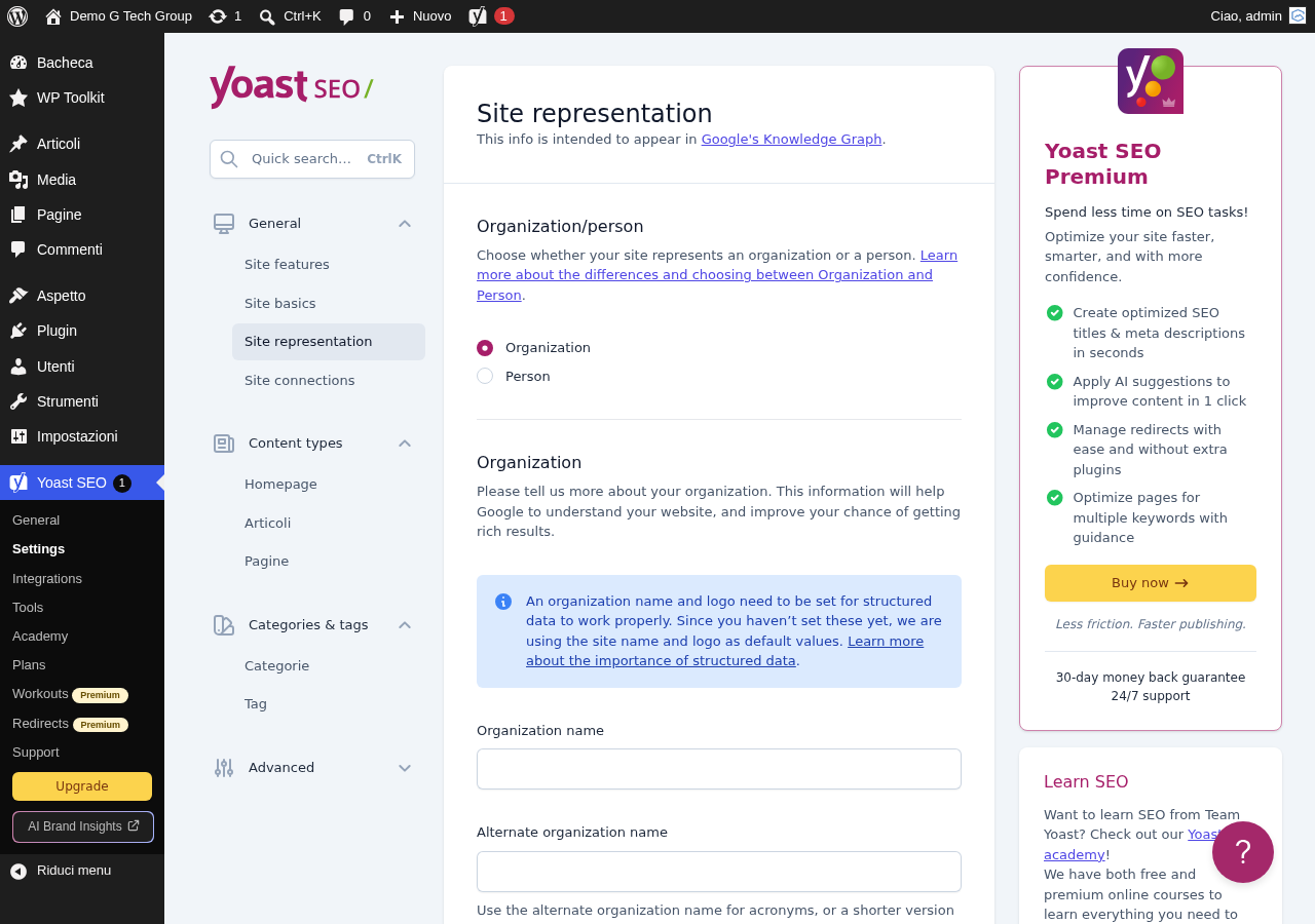 Configurazione Knowledge Graph e rappresentazione sito in Yoast SEO
