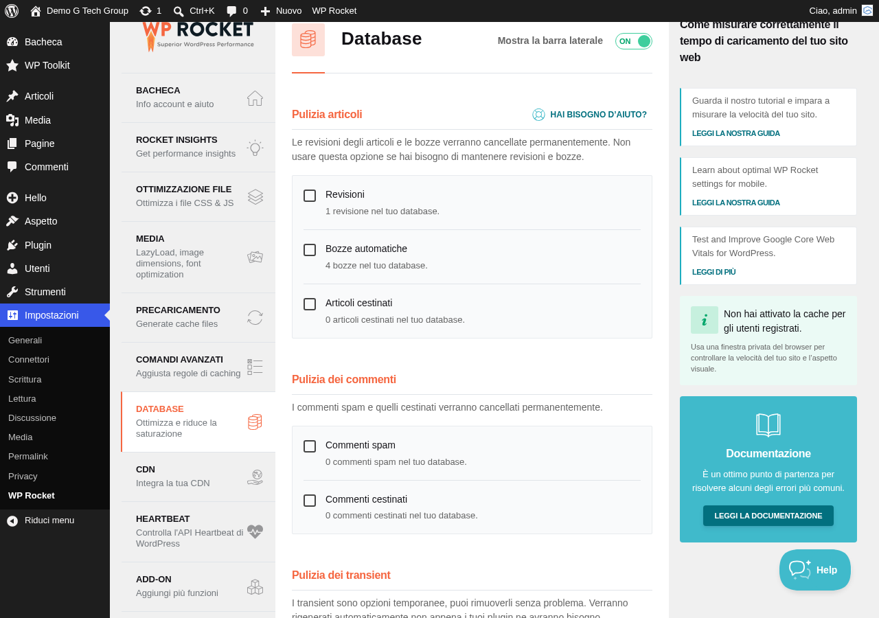 Sezione Database di WP Rocket con le opzioni per pulire revisioni, bozze automatiche, commenti spam e transient scaduti