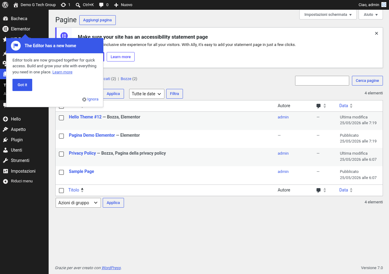 Lista delle pagine WordPress con opzione Modifica con Elementor