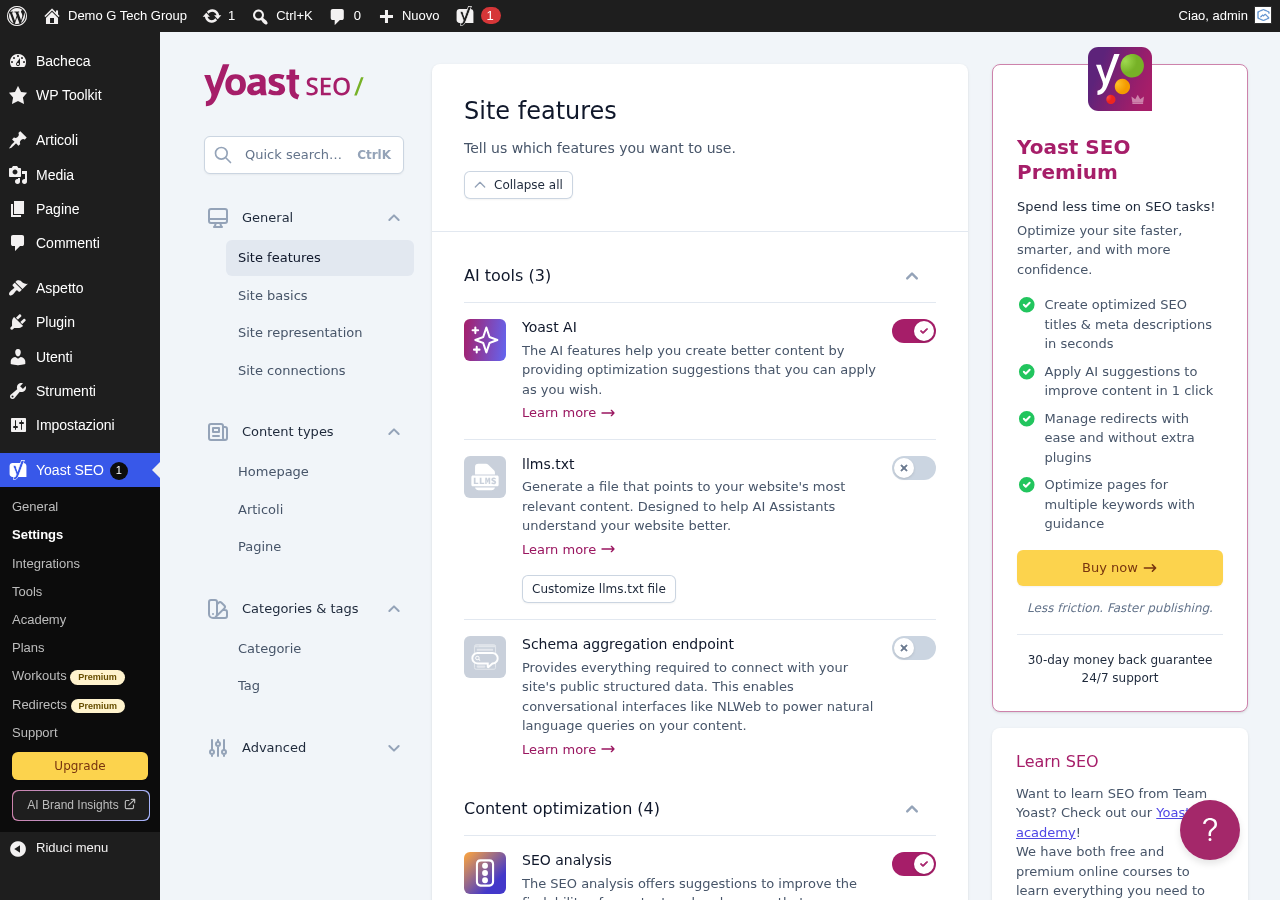 Funzionalità del sito Yoast SEO con sitemap, analisi e integrazioni