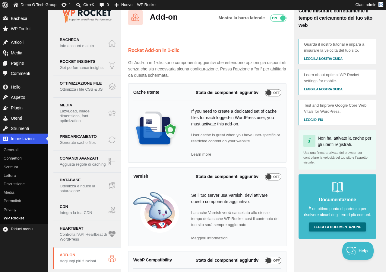 Schermata degli addon di WP Rocket con Heartbeat Control e altri addon