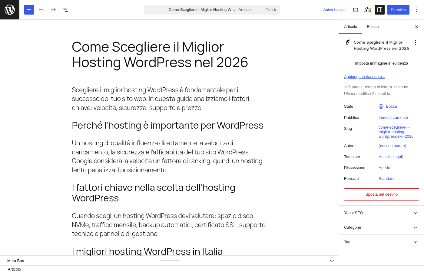 Editor WordPress Gutenberg con articolo e pannello Yoast SEO visibile